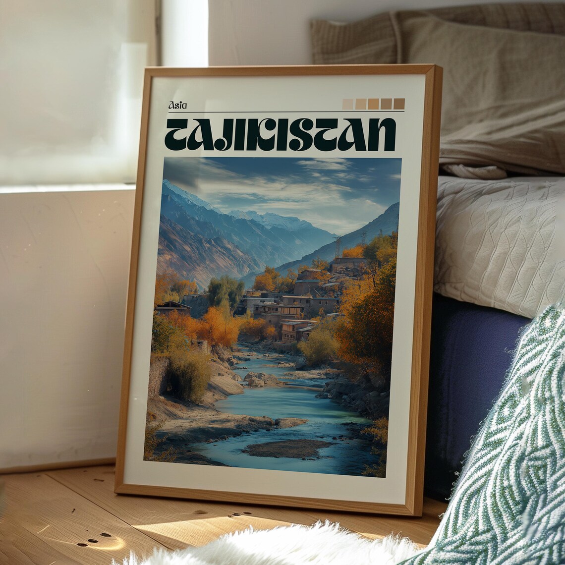 Tajikistan Asia Autumn Mountain River Village Retro Travel Poster - Image 3