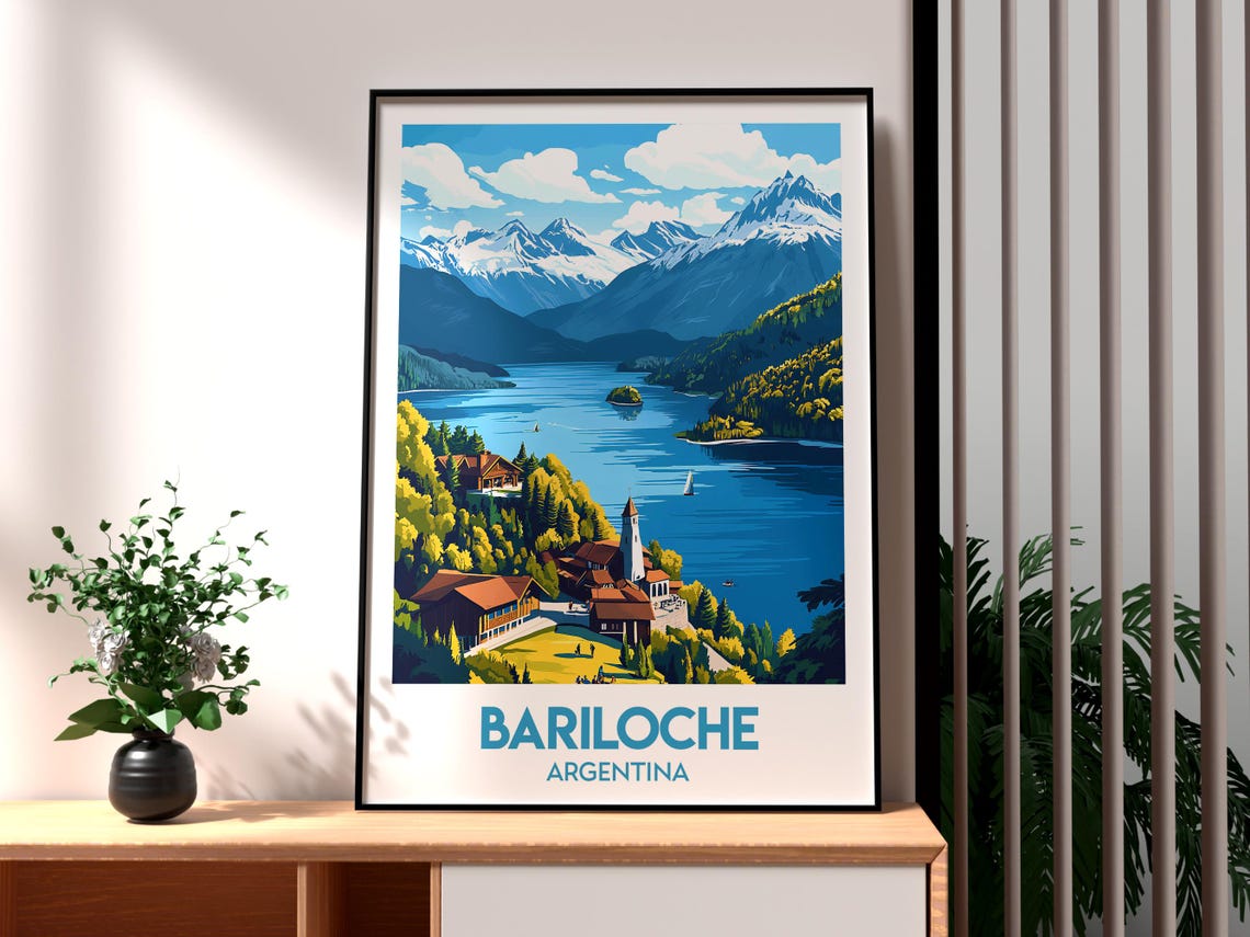 Bariloche Argentina Mountain Andean Lake Snow Peaks and Lodge Poster