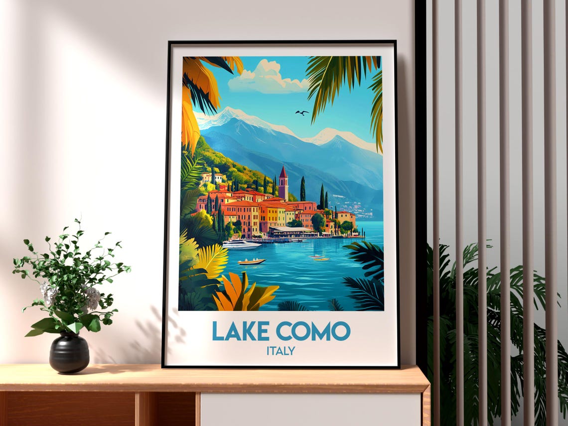 Lake Como Italy Picturesque Lakeside Town Mountain Travel Poster