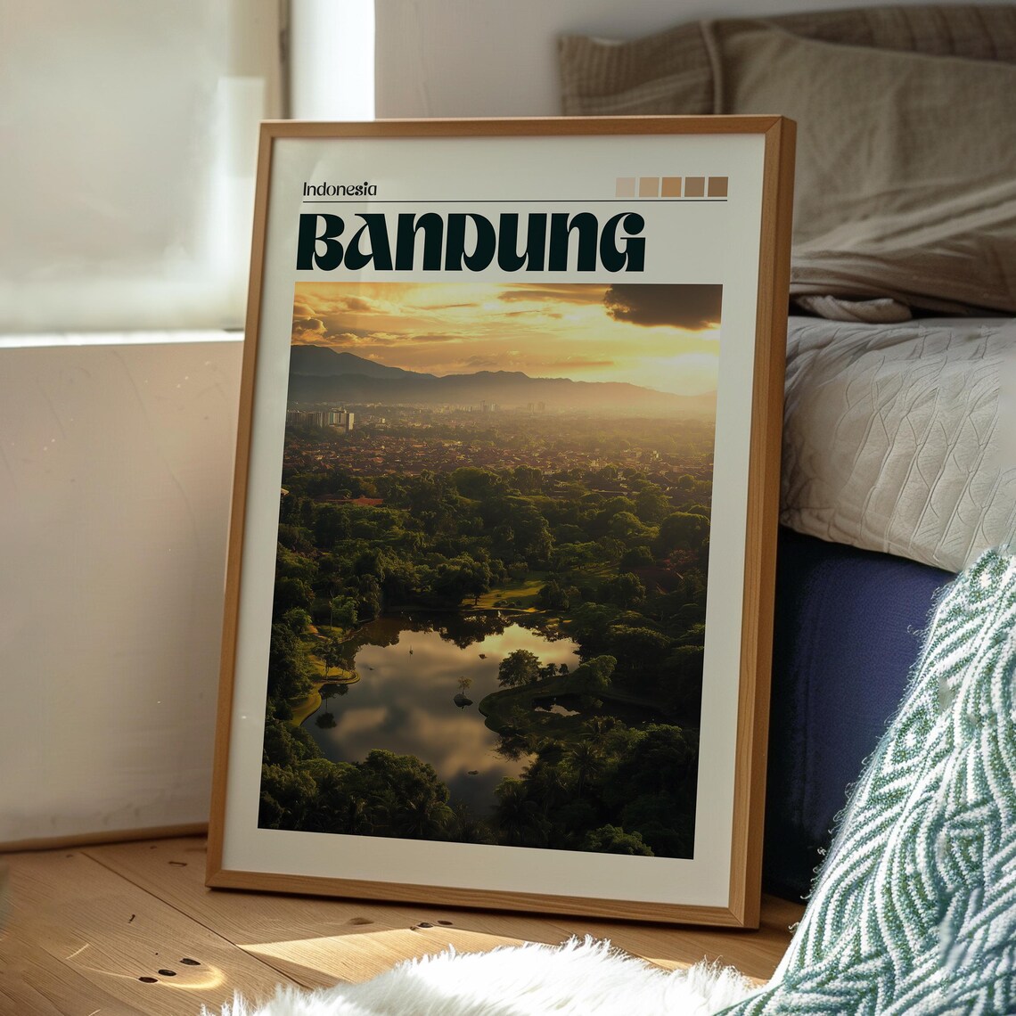Bandung Indonesia Golden Sunset Lake and City Skyline Travel Poster - Image 3
