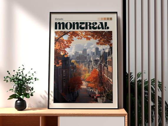 Montreal Canada Autumn City Street Maple Leaves Skyline Poster