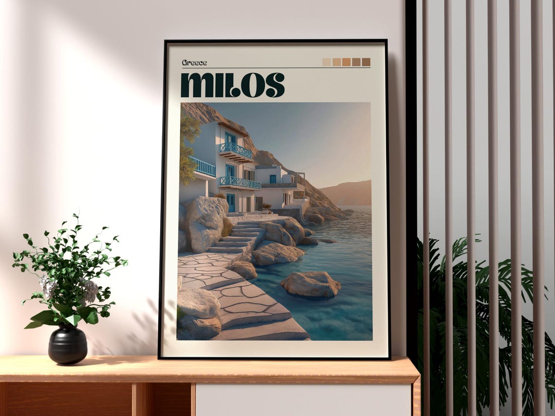 Milos Greece White Houses Blue Balconies Rocky Shore Travel Poster