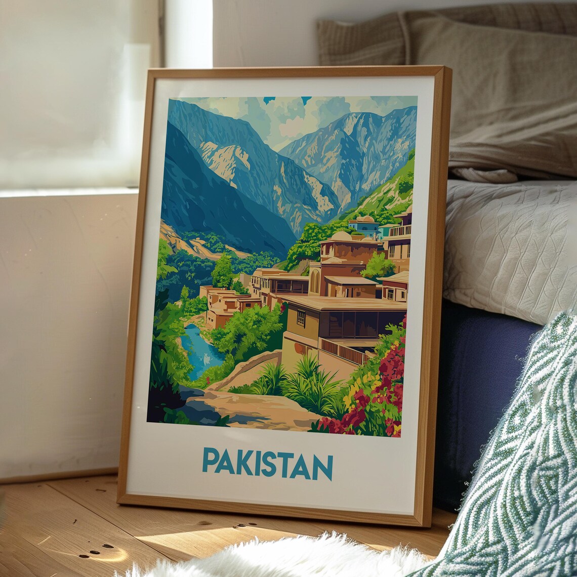 Pakistan Mountain Village River Valley Rugged Peaks Travel Poster - Image 3