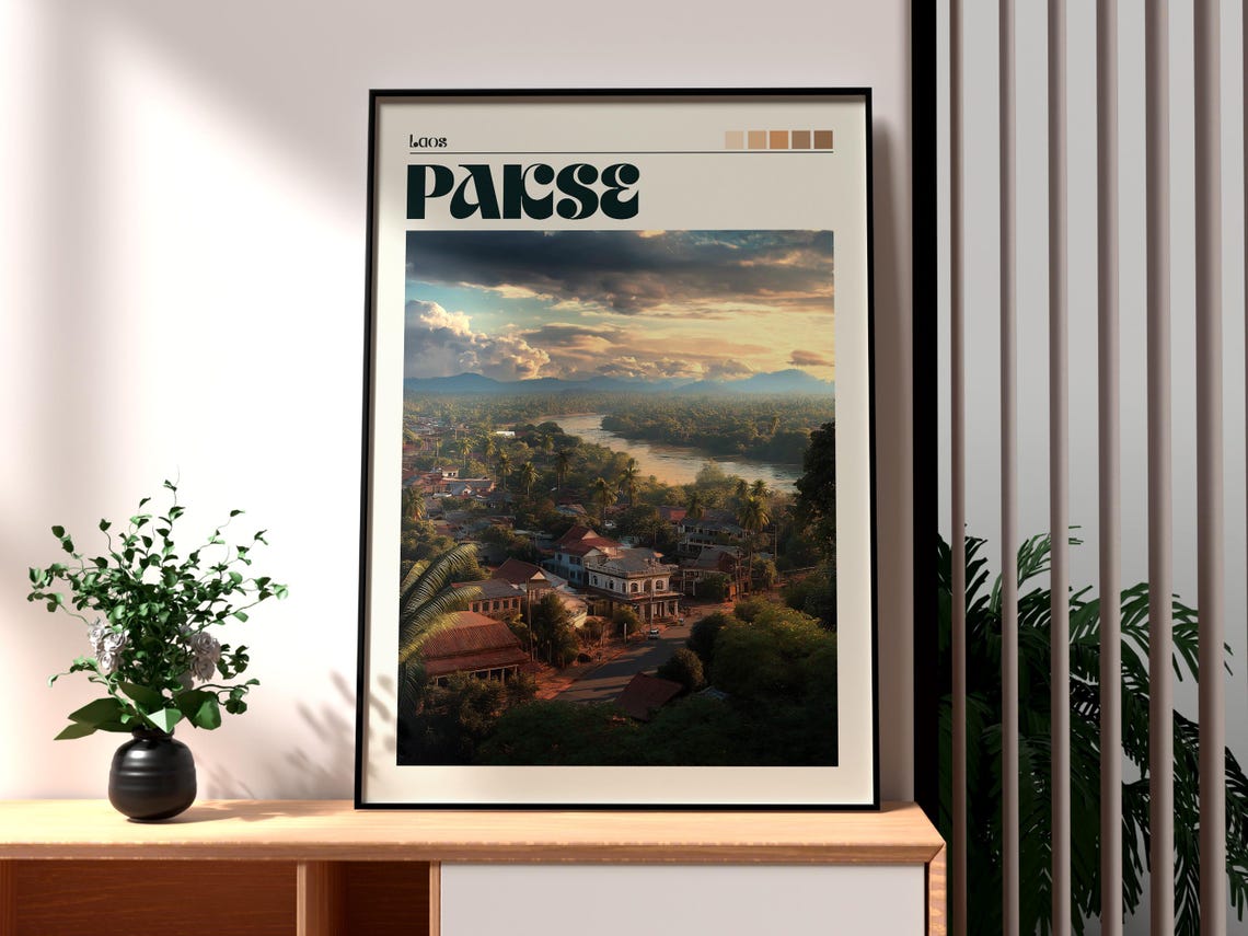 Pakse Laos Riverside Town Sunset Golden Light Scenic Travel Poster