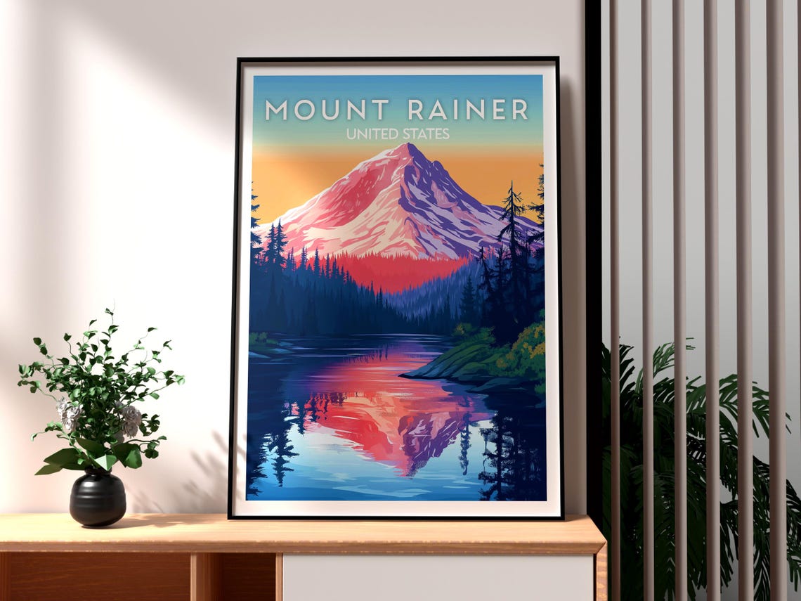 Mount Rainier Sunset Over Alpine Lake Mirror Reflection Poster