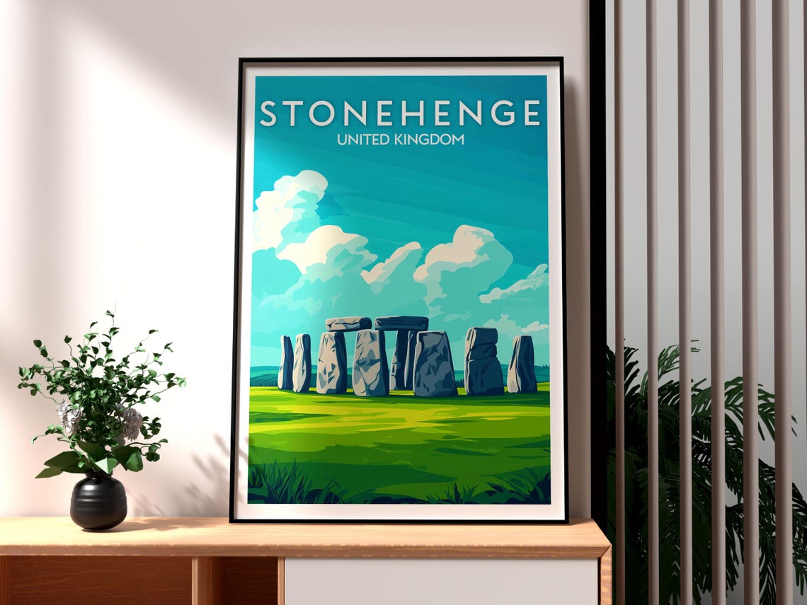 Stonehenge UK Ancient Stones Green Meadow Sky Vintage Poster
