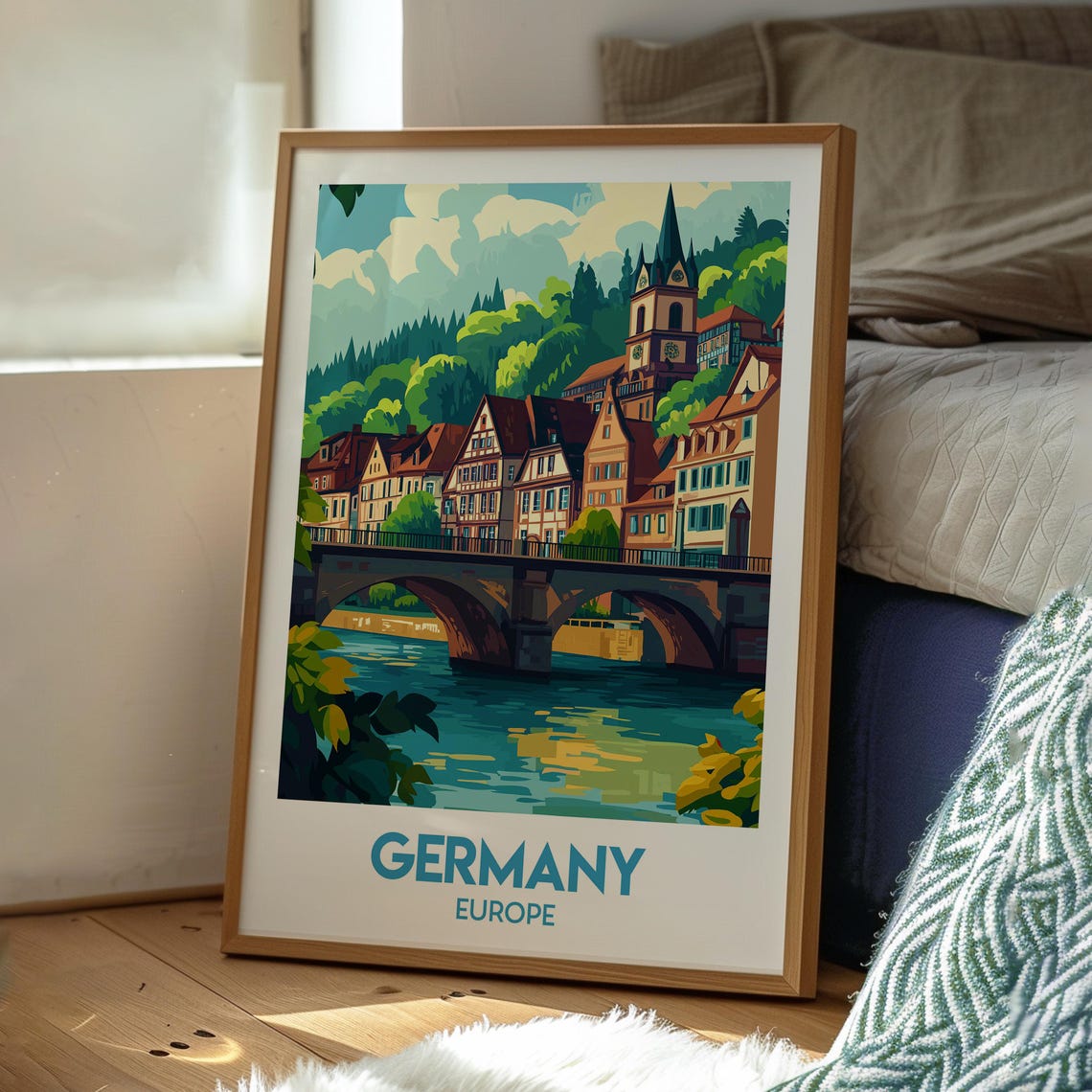 Germany Europe Riverside Half Timbered Town Bridge Vintage Art Poster - Image 3