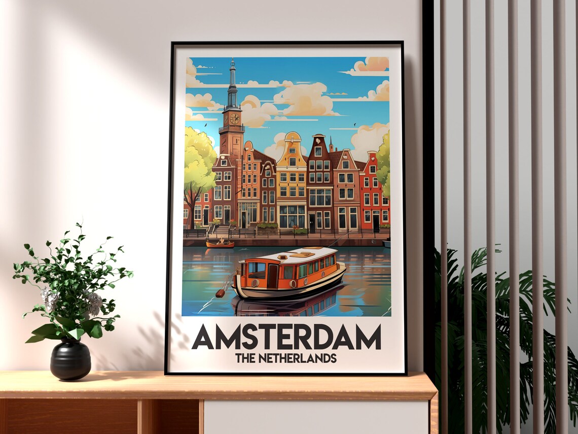 Amsterdam Netherlands Canal Houses And Boat Vintage Travel Poster