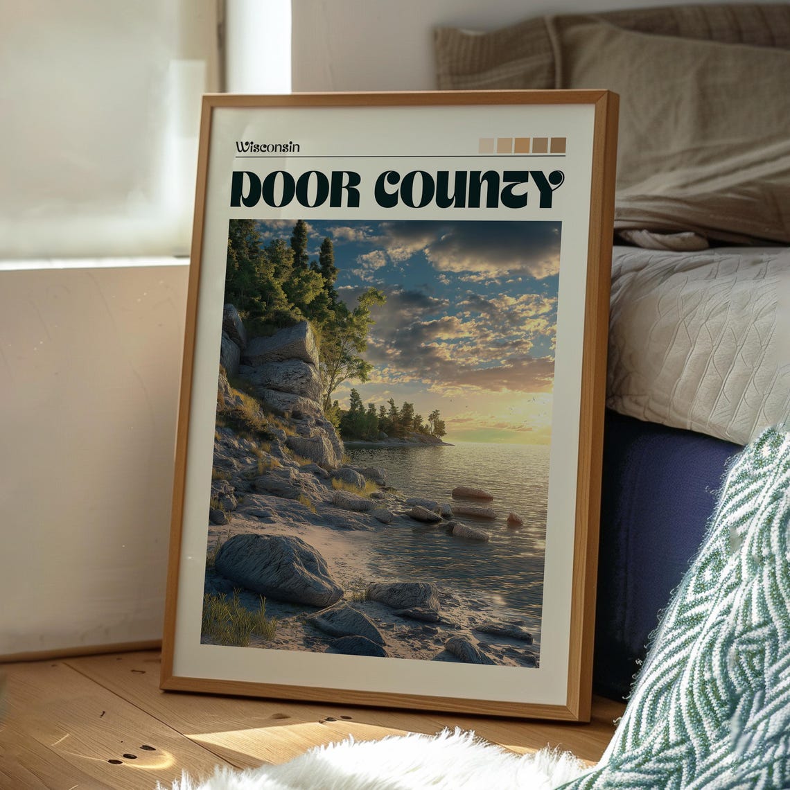 Door County Wisconsin Lake Shore Sunset Rocky Beach Travel Poster - Image 3