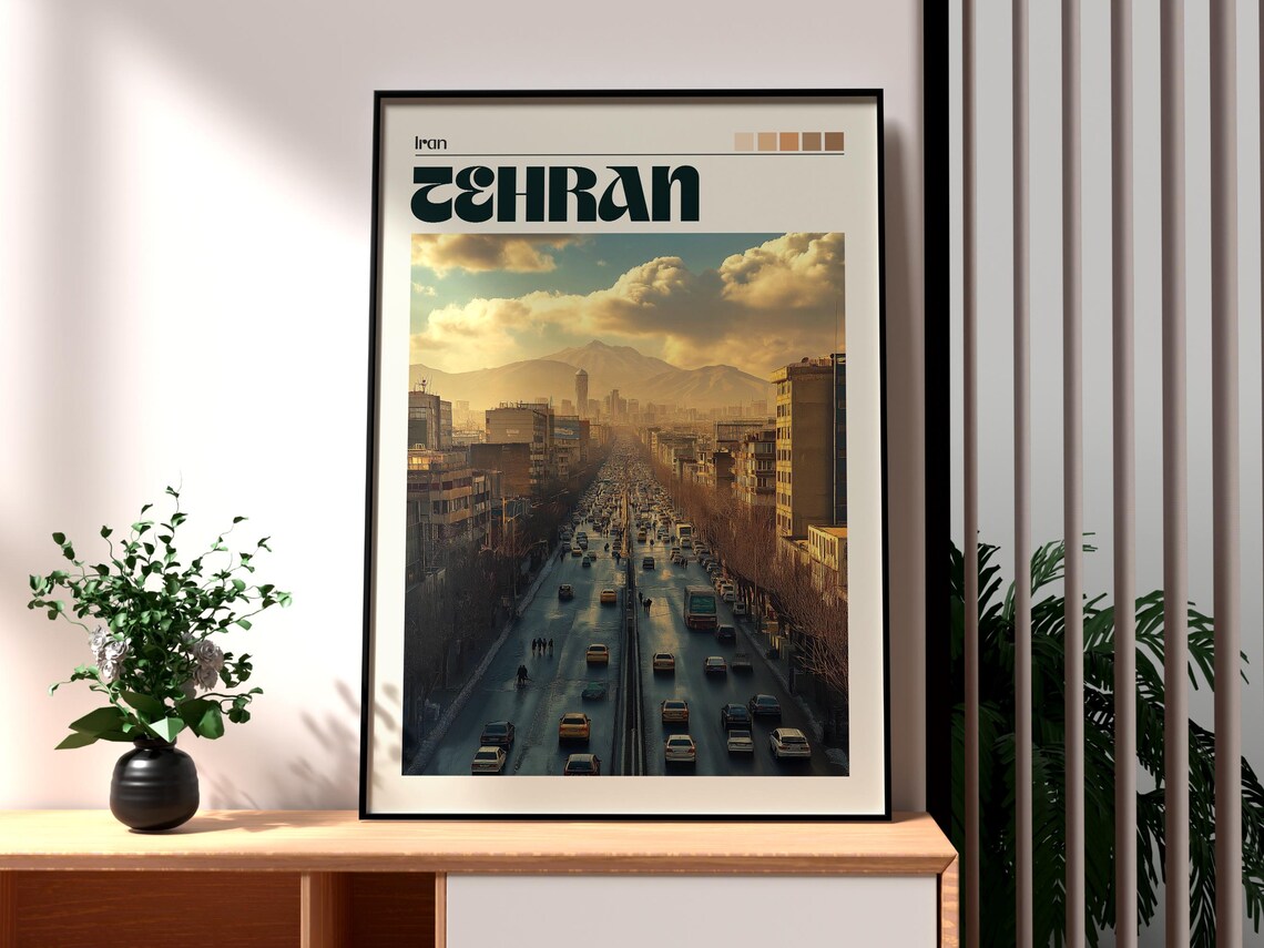 Tehran Iran Busy Grand Avenue Mountain View Retro Travel Poster