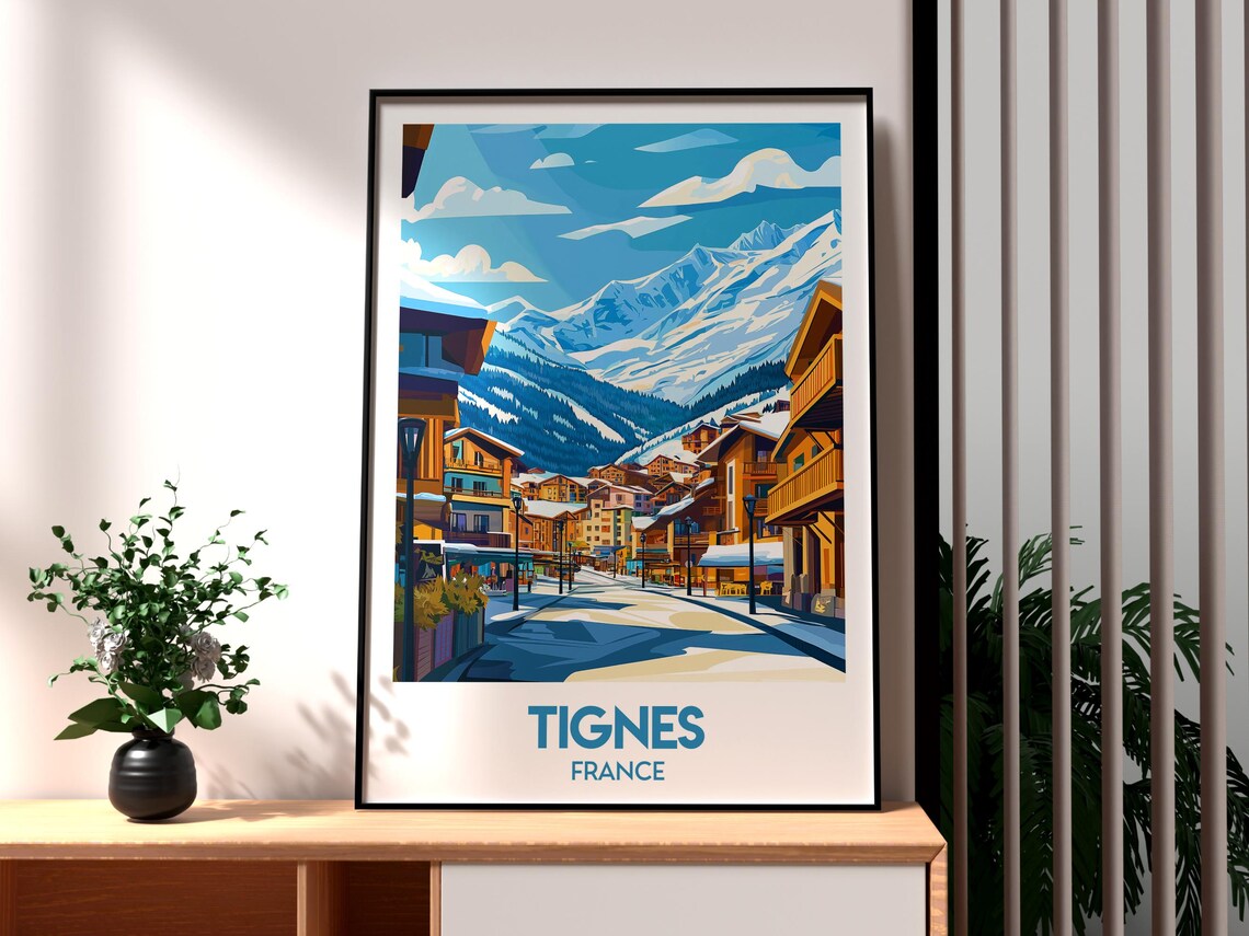 Tignes France Snowy Mountain Village Winter Ski Travel Poster