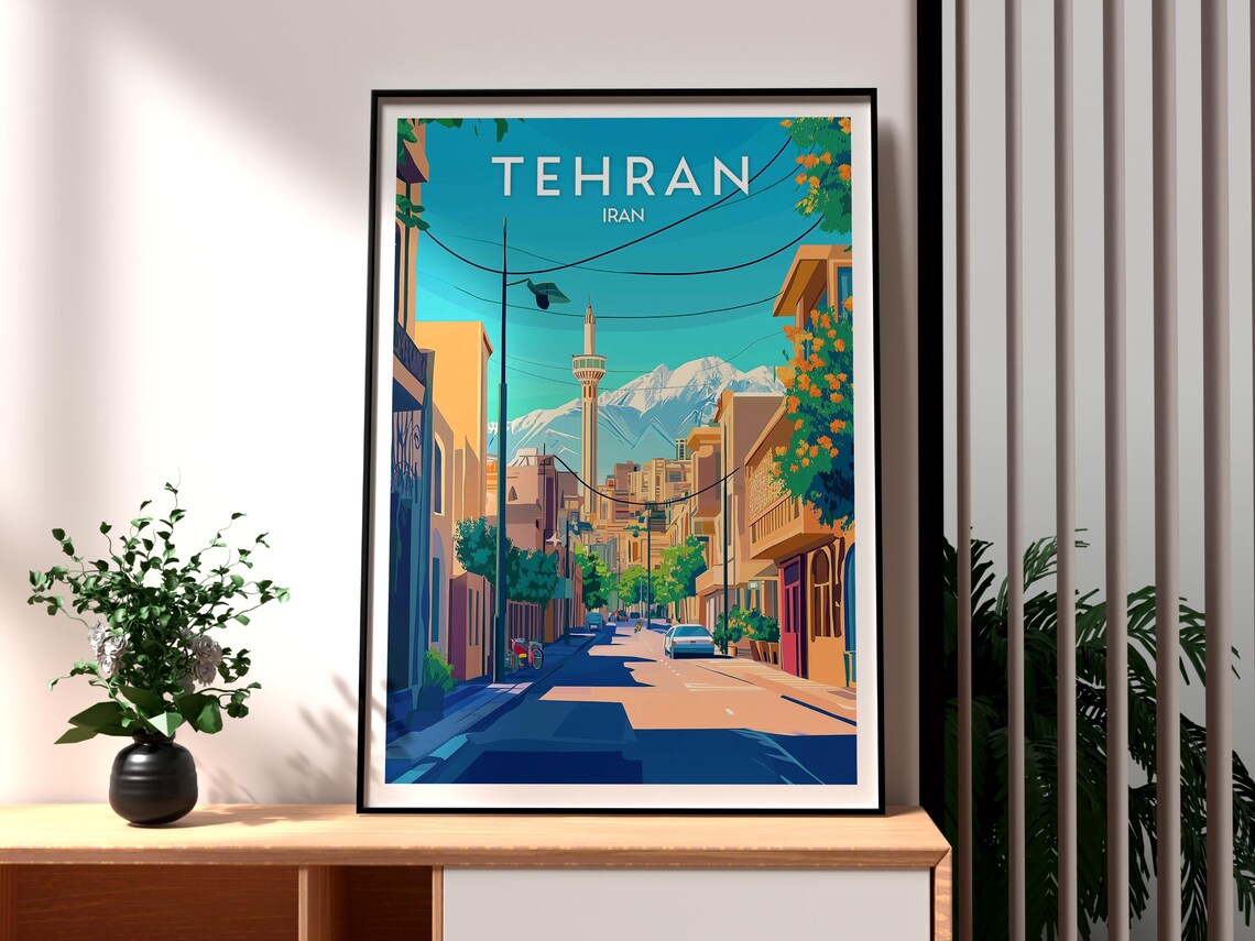Tehran Iran City Street Snowcapped Mountains Vintage Travel Poster