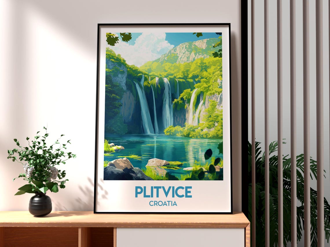 Plitvice Lakes Croatia Turquoise Waterfalls Nature Travel Poster