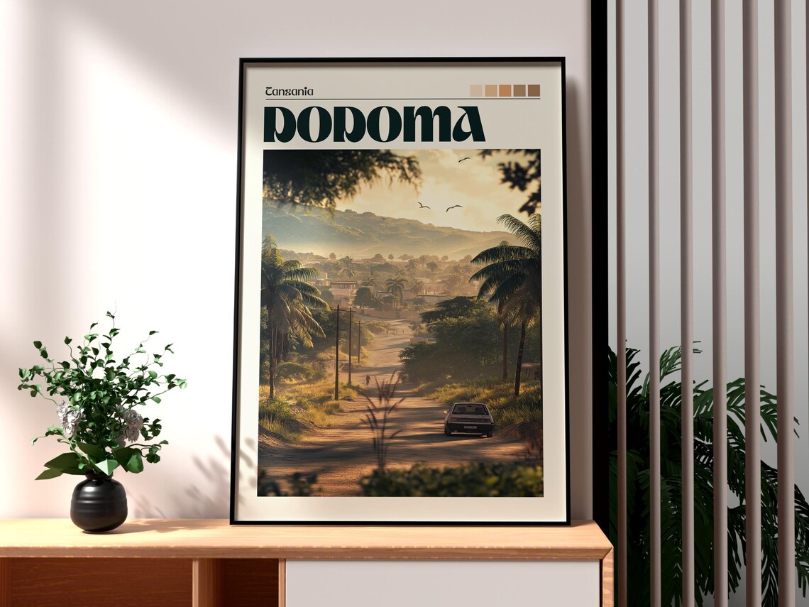 Dodoma Tanzania Savanna Road Palms Golden Sunrise Travel Poster