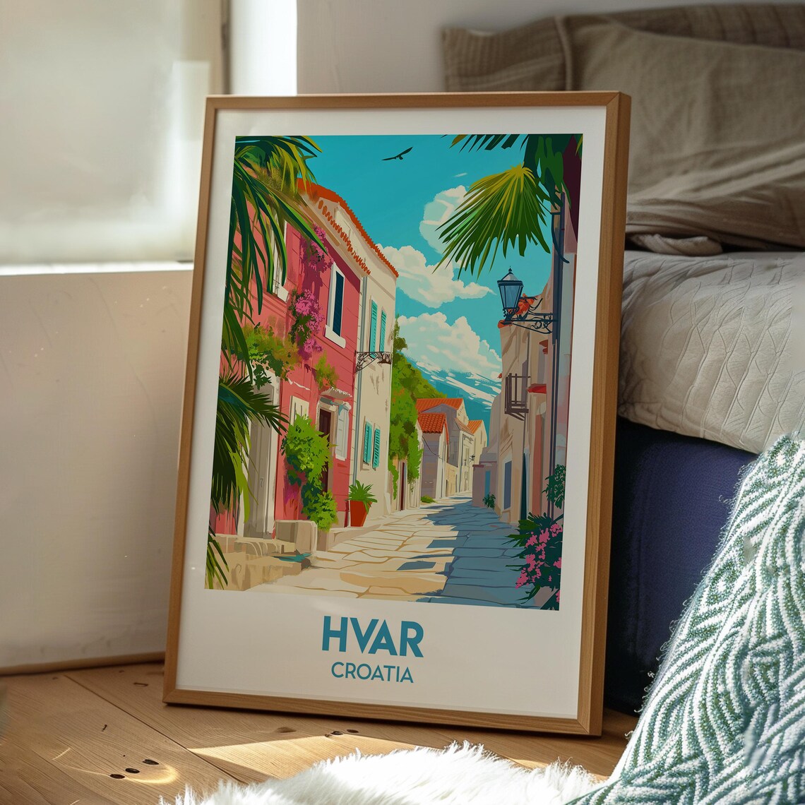 Hvar Croatia Old Town Lane Bougainvillea Palm Trees Island Poster - Image 3