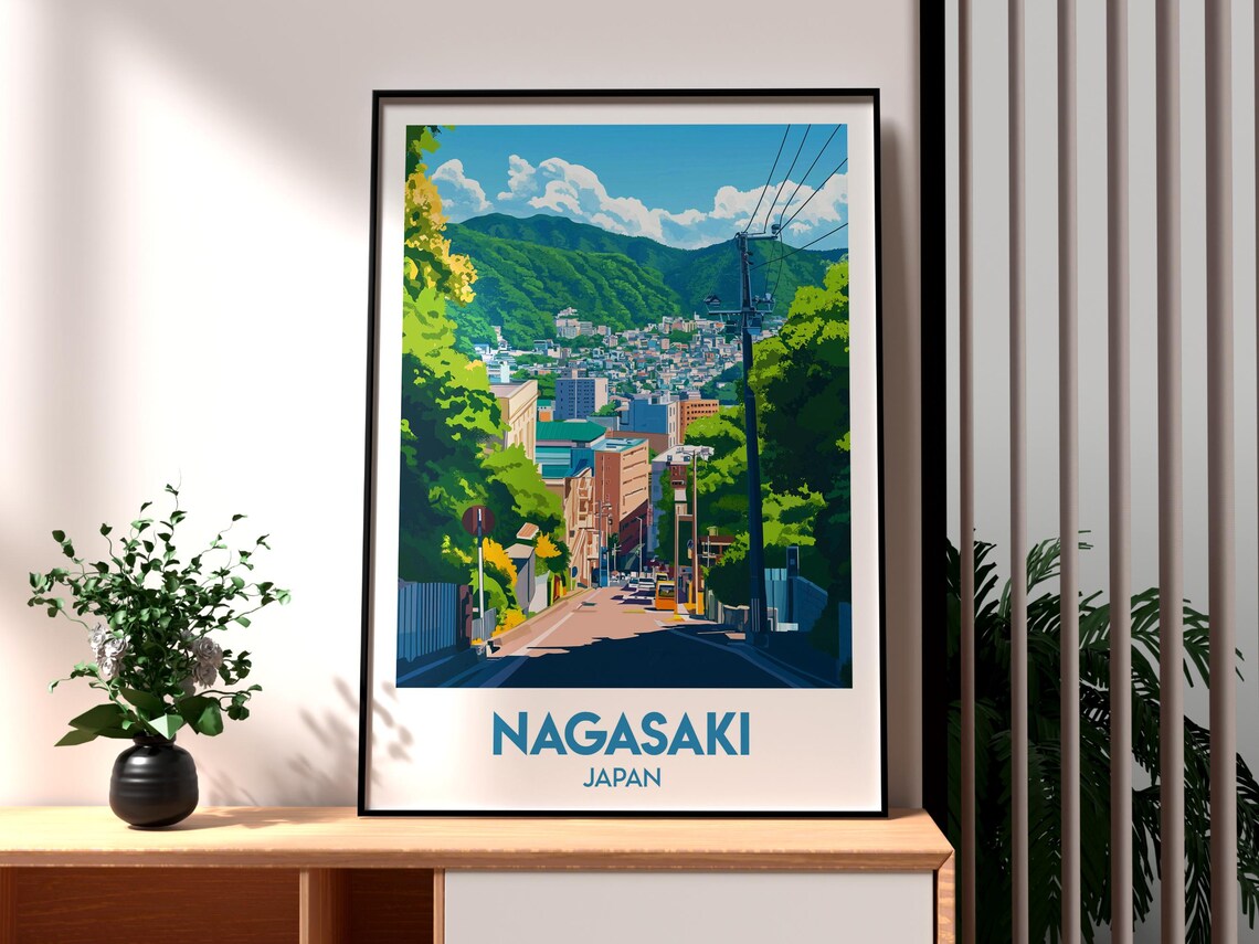 Nagasaki Japan Hillside City Street Harbor View Travel Poster
