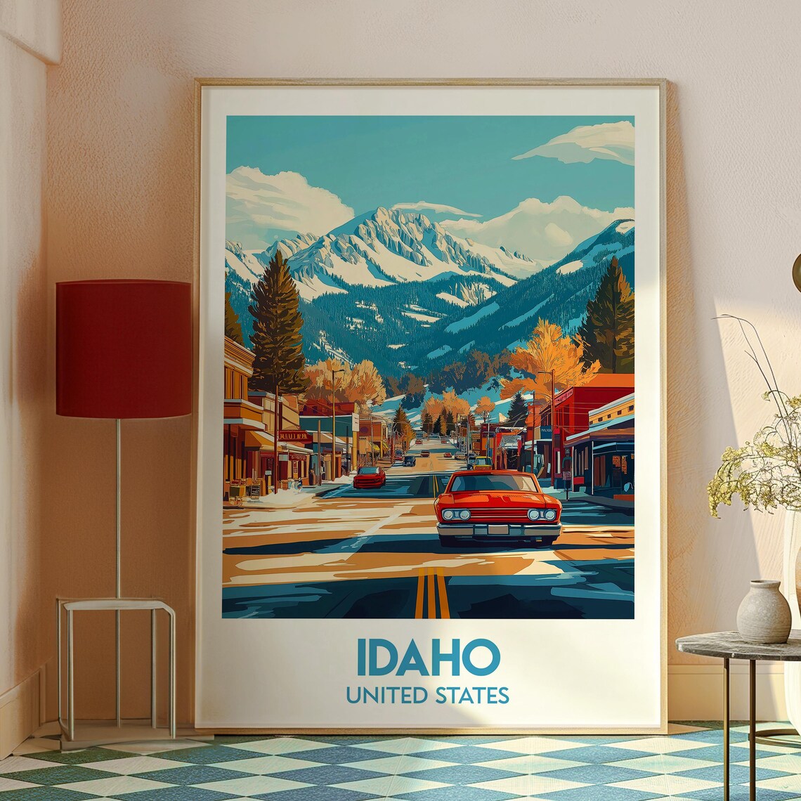 Idaho USA Mountain Town Main Street Red Car Vintage Scene Poster - Image 2
