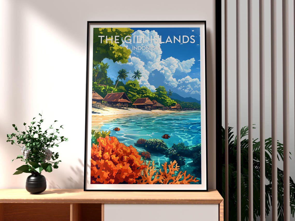 Gili Islands Indonesia Turquoise Coral Reef Beach Travel Poster