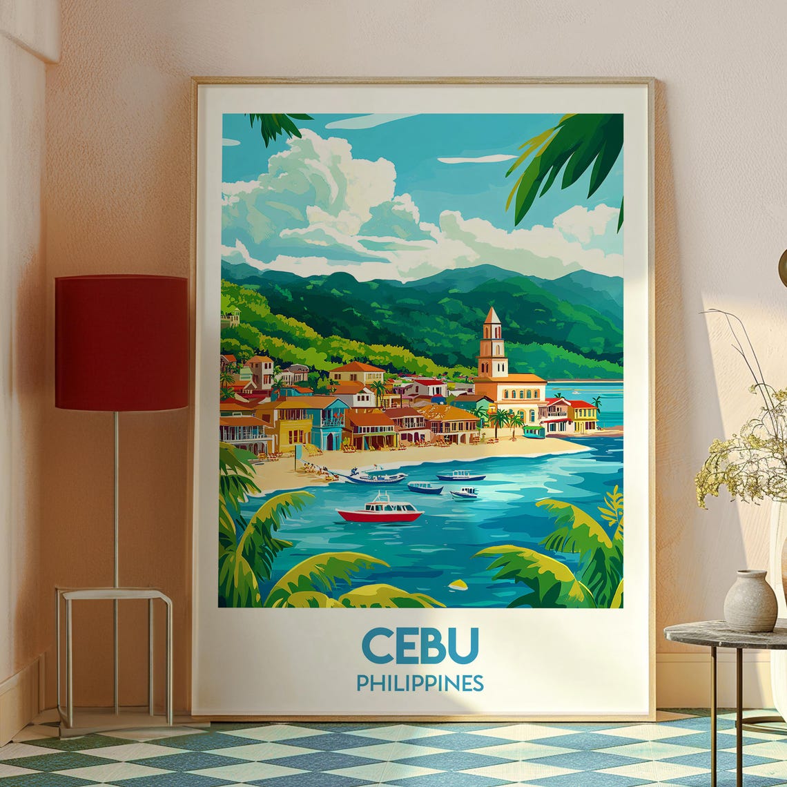 Cebu Philippines Seaside Town Church Harbor Boats Travel Poster - Image 2