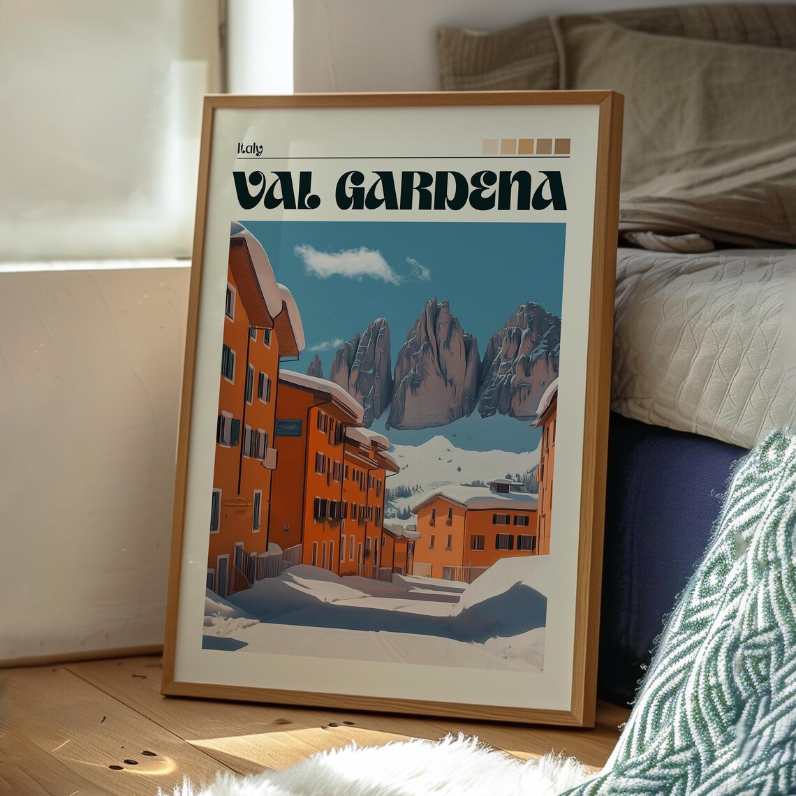 Val Gardena Italy Snowy Village Street Dolomite Peaks Art Poster - Image 3