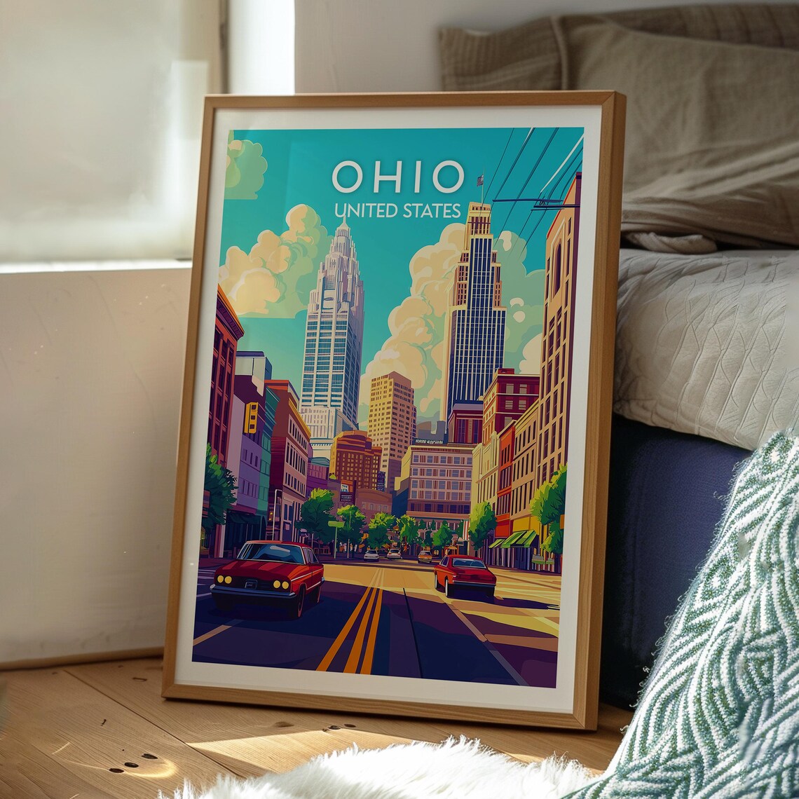 Ohio Downtown Classic Cars Wide City Street Skyline Scene Poster - Image 3