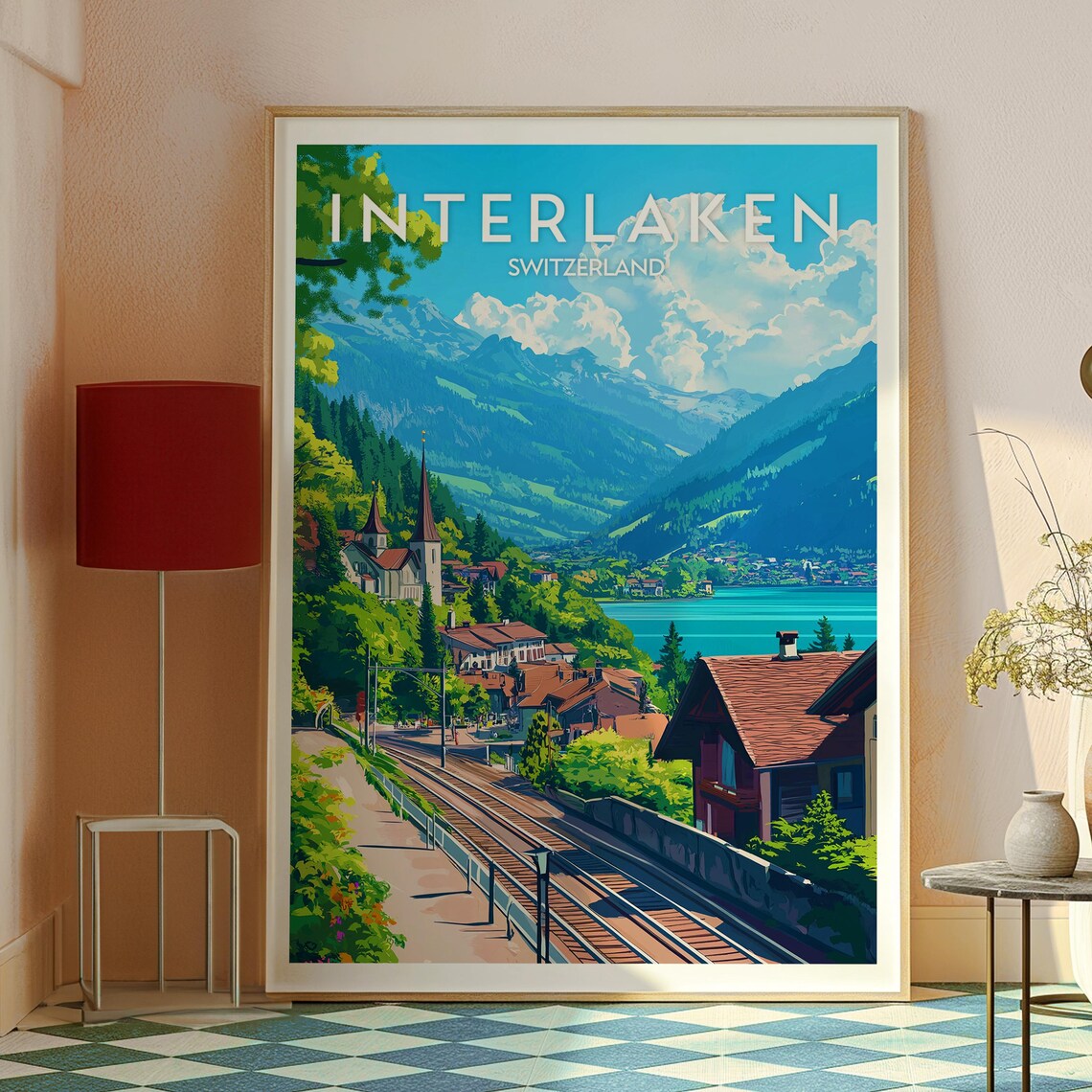 Interlaken Switzerland Scenic Railway Village Lake Alps Poster - Image 2