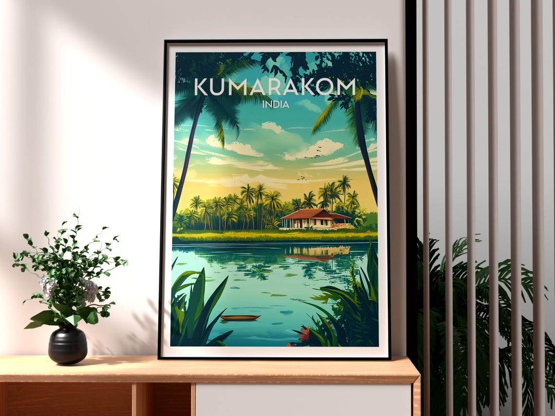 Kumarakom India Backwaters Palm Grove Canoe Kerala Travel Poster