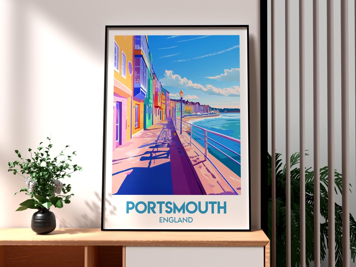 Portsmouth England Colorful Seafront Promenade Retro Travel Poster