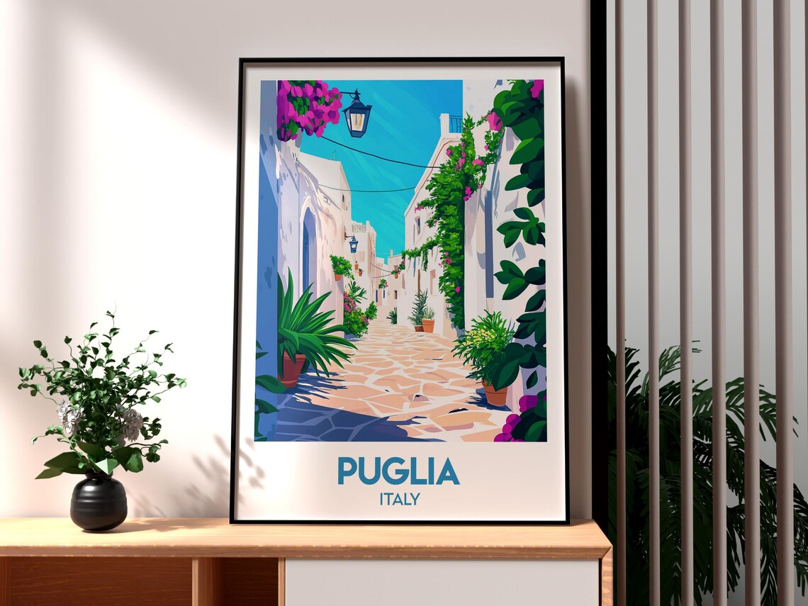 Puglia Italy Whitewashed Alley Bougainvillea Village Travel Poster - Image 3