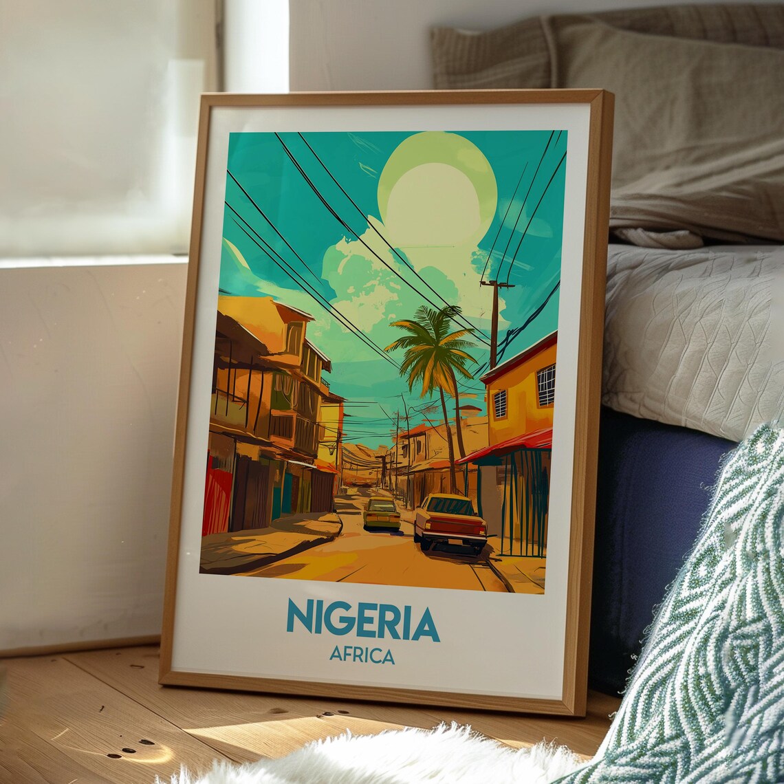Nigeria Africa Sunlit City Street Palm Trees Vintage Travel Poster - Image 3