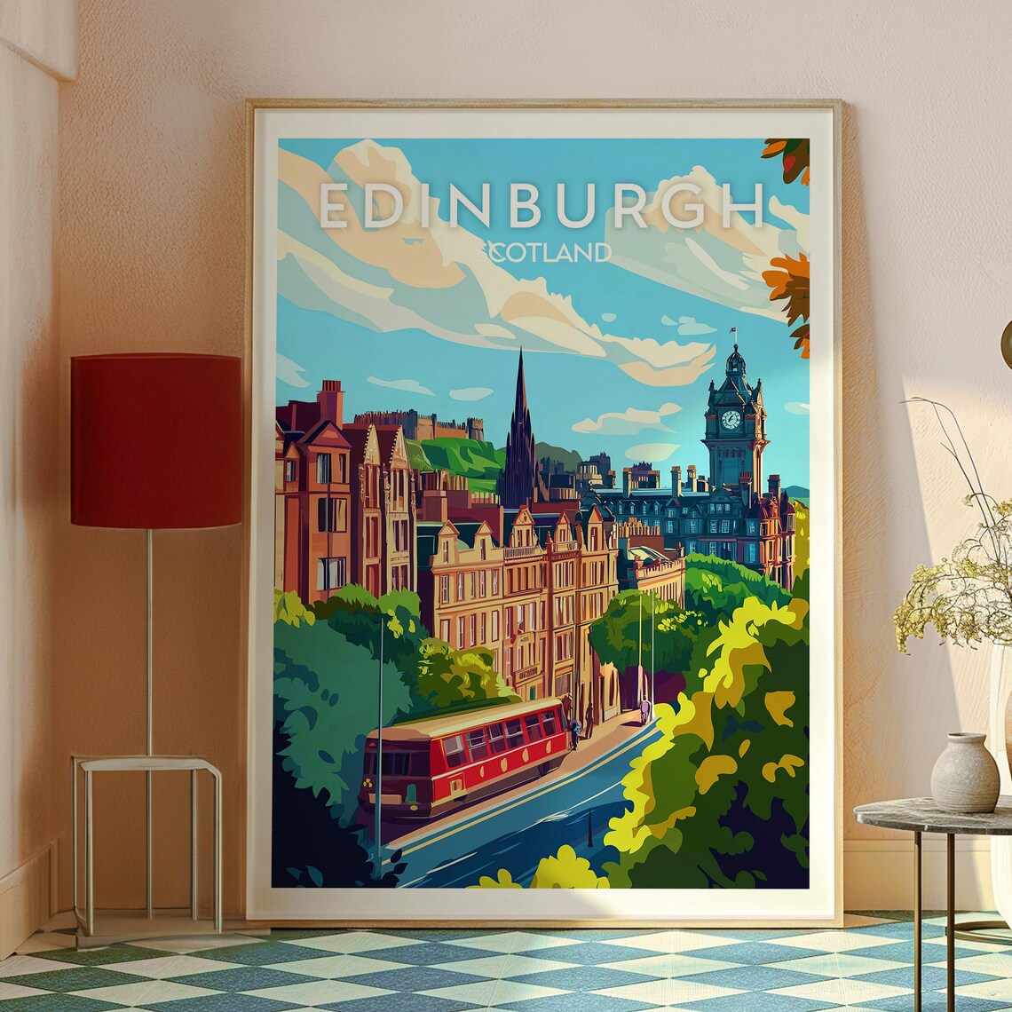 Edinburgh Scotland City Skyline Clock Tower Tram Street Travel Poster - Image 2