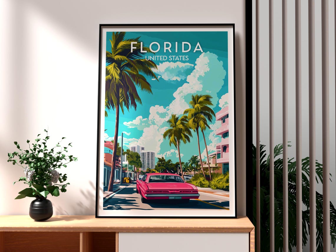 Florida Retro Palm Tree Street With Vintage Red Car Art Poster