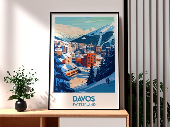 Davos Poster Swiss Alps Print Wall Art Switzerland Skiing
