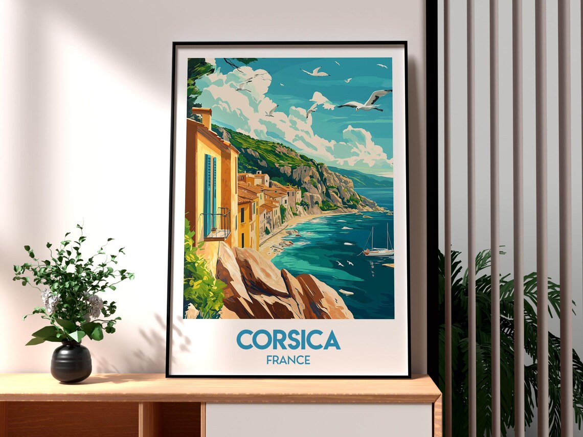 Corsica France Cliffside Seaside Village View Vintage Travel Poster