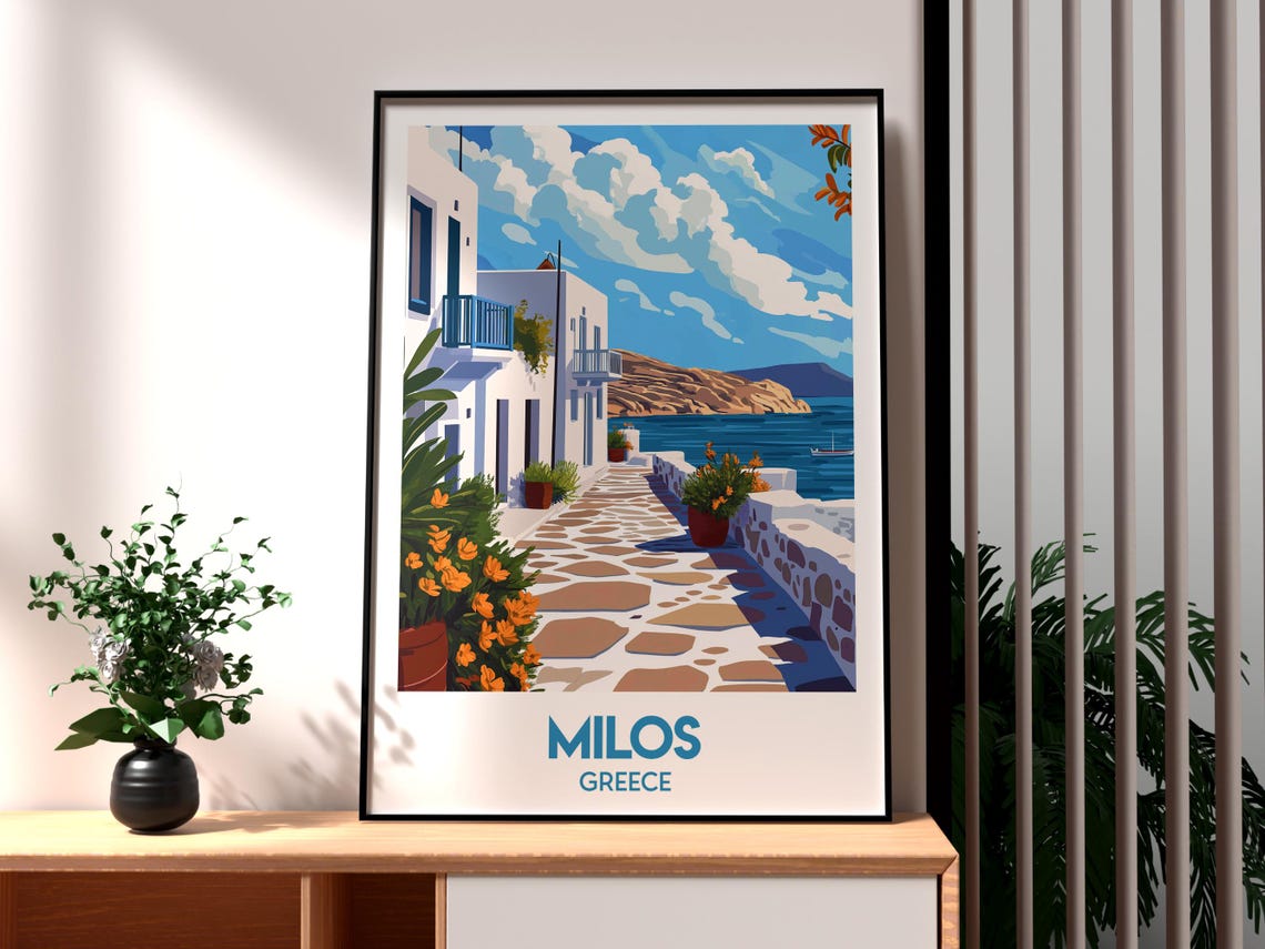 Milos Greece Whitewashed Village Lane Aegean Sea View Poster
