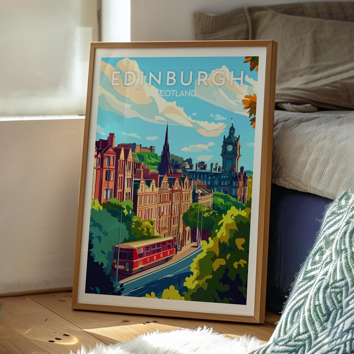 Edinburgh Scotland City Skyline Clock Tower Tram Street Travel Poster - Image 3