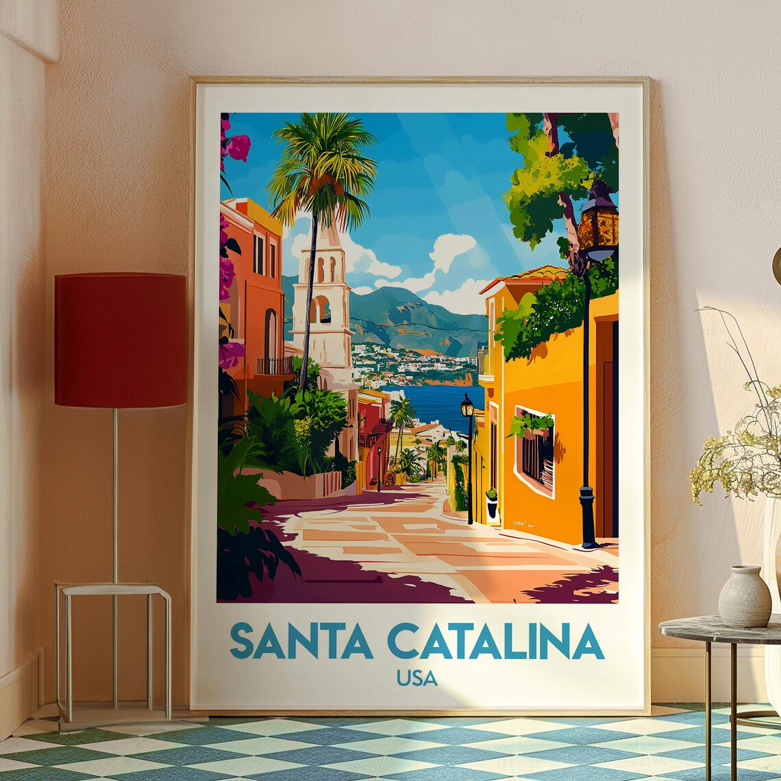 Santa Catalina USA Colorful Street Bell Tower Sea View Art Poster - Image 2