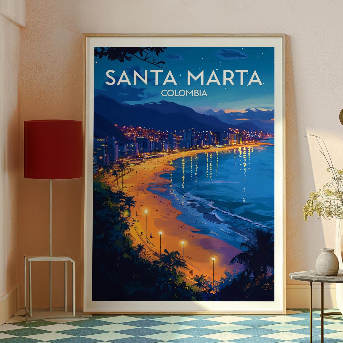 Santa Marta Colombia Night Bay City Lights Beach Illustration Poster - Image 2