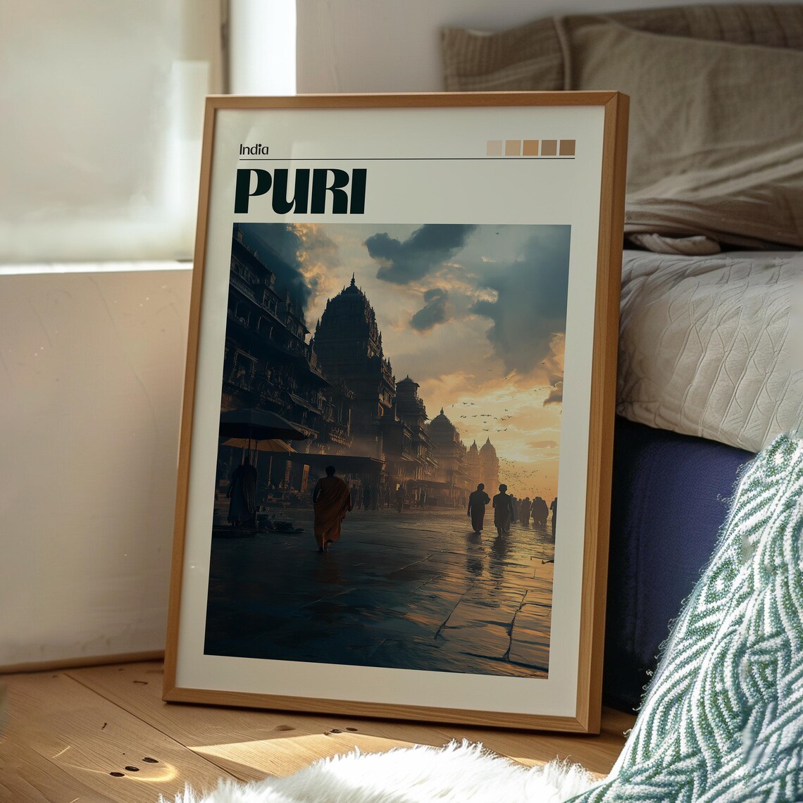 Puri India Temple Street Silhouettes Sunset Retro Travel Poster - Image 3