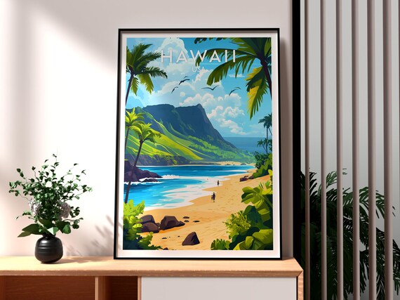 Hawaii USA Tropical Paradise Beach Palm Trees Cliffs Coast View Poster