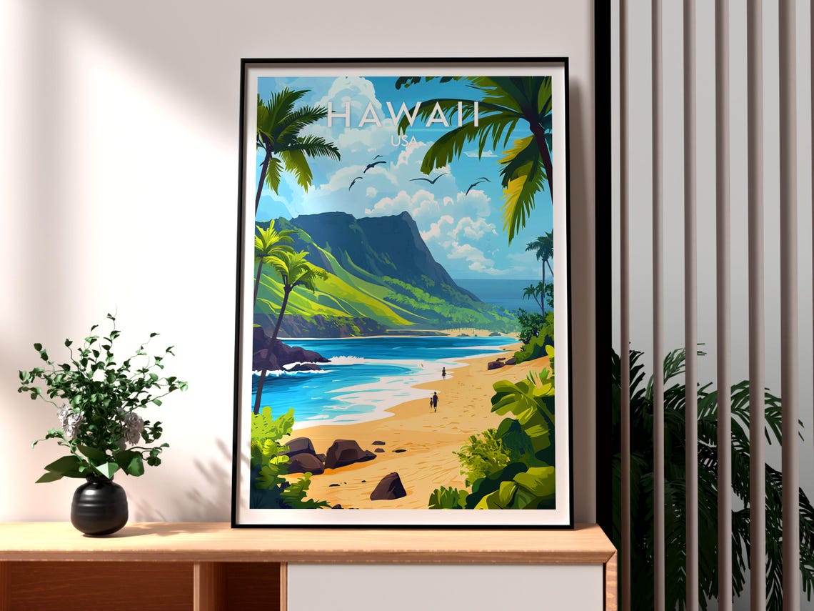 Hawaii USA Tropical Paradise Beach Palm Trees Cliffs Coast View Poster
