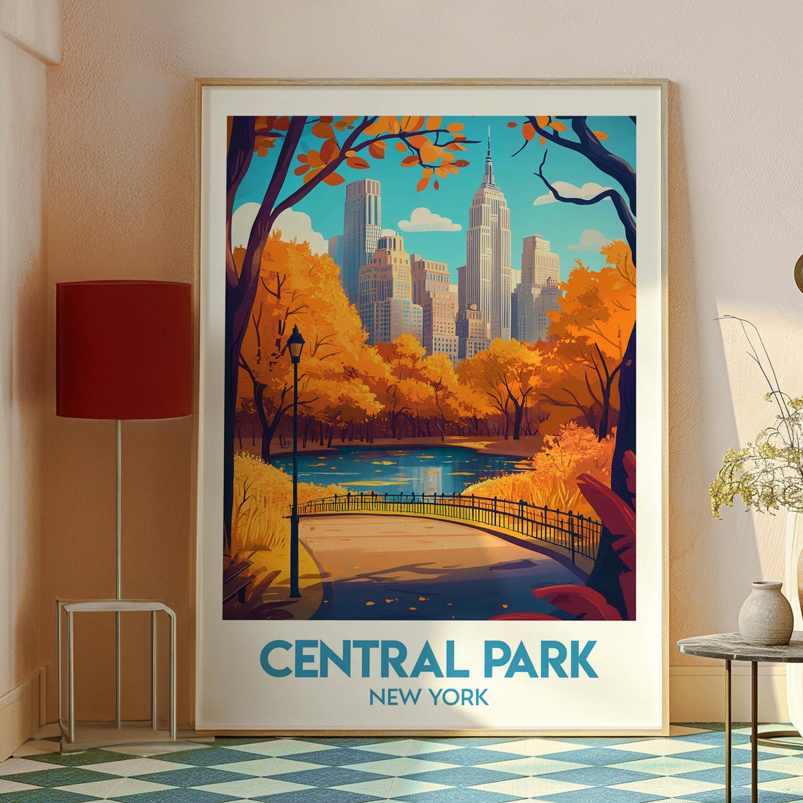Central Park New York Autumn Foliage Skyline Retro Travel Poster - Image 2