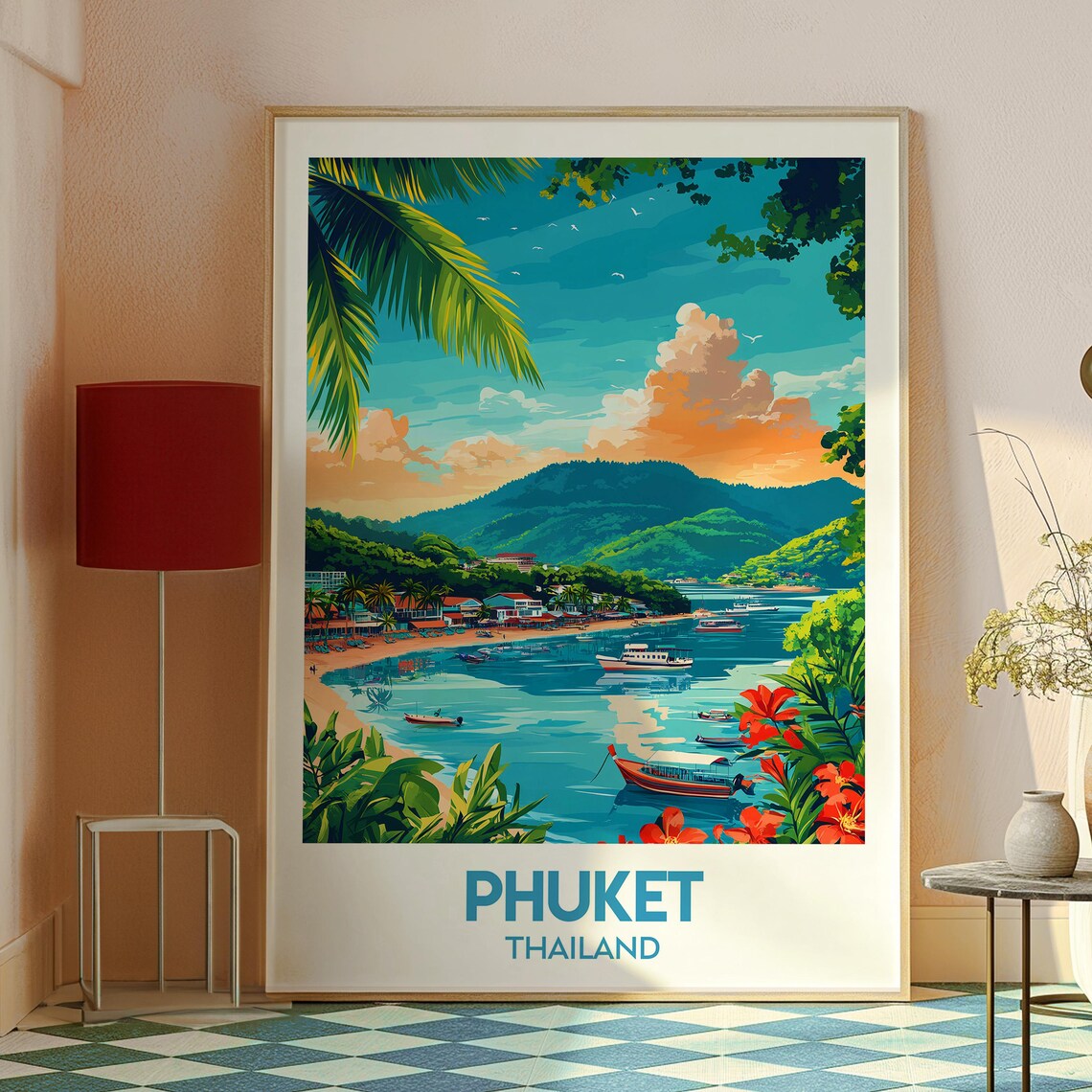 Phuket Thailand Tropical Bay Longtail Boats Vintage Travel Poster - Image 2