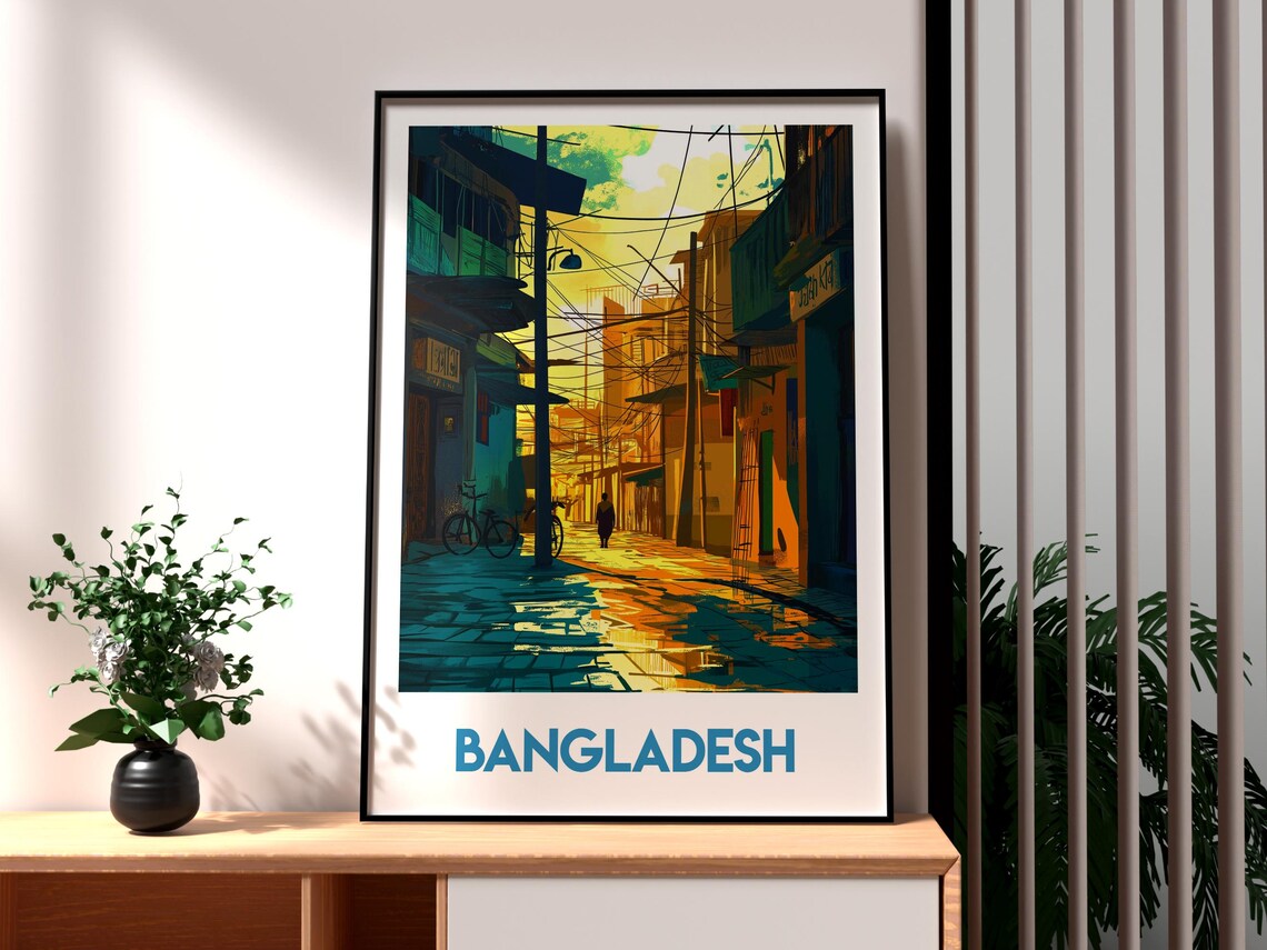 Bangladesh City Street Golden Light Vintage Style Travel Poster