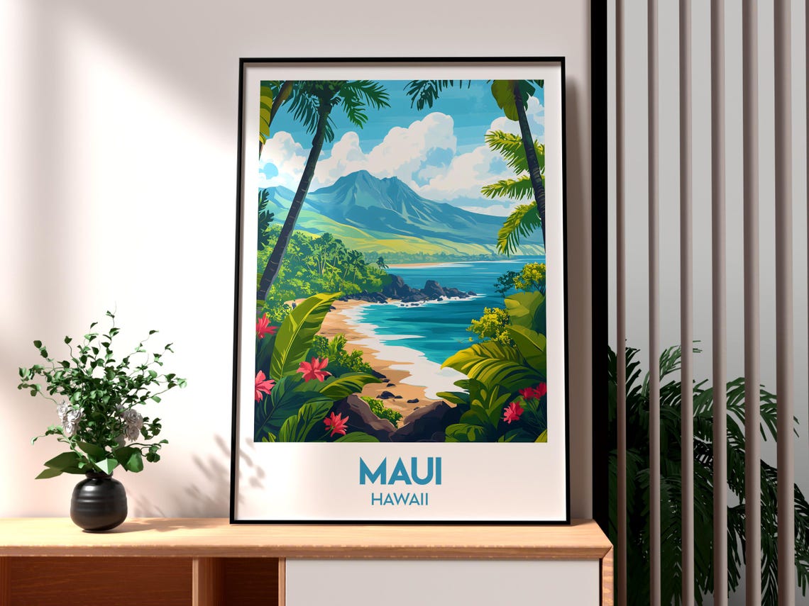 Maui Hawaii Tropical Beach Lagoon Retro Illustrated Travel Poster