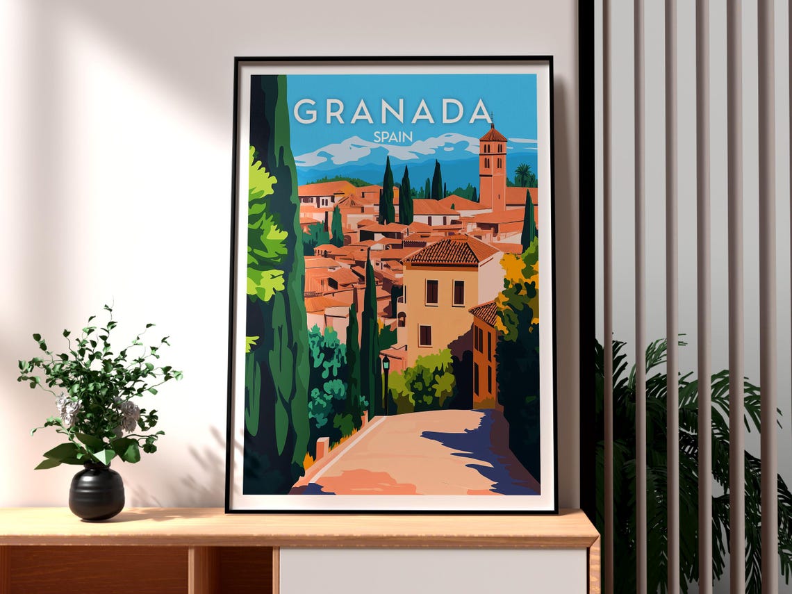 Granada Spain Terracotta Rooftops Cypress Hills Vintage Travel Poster