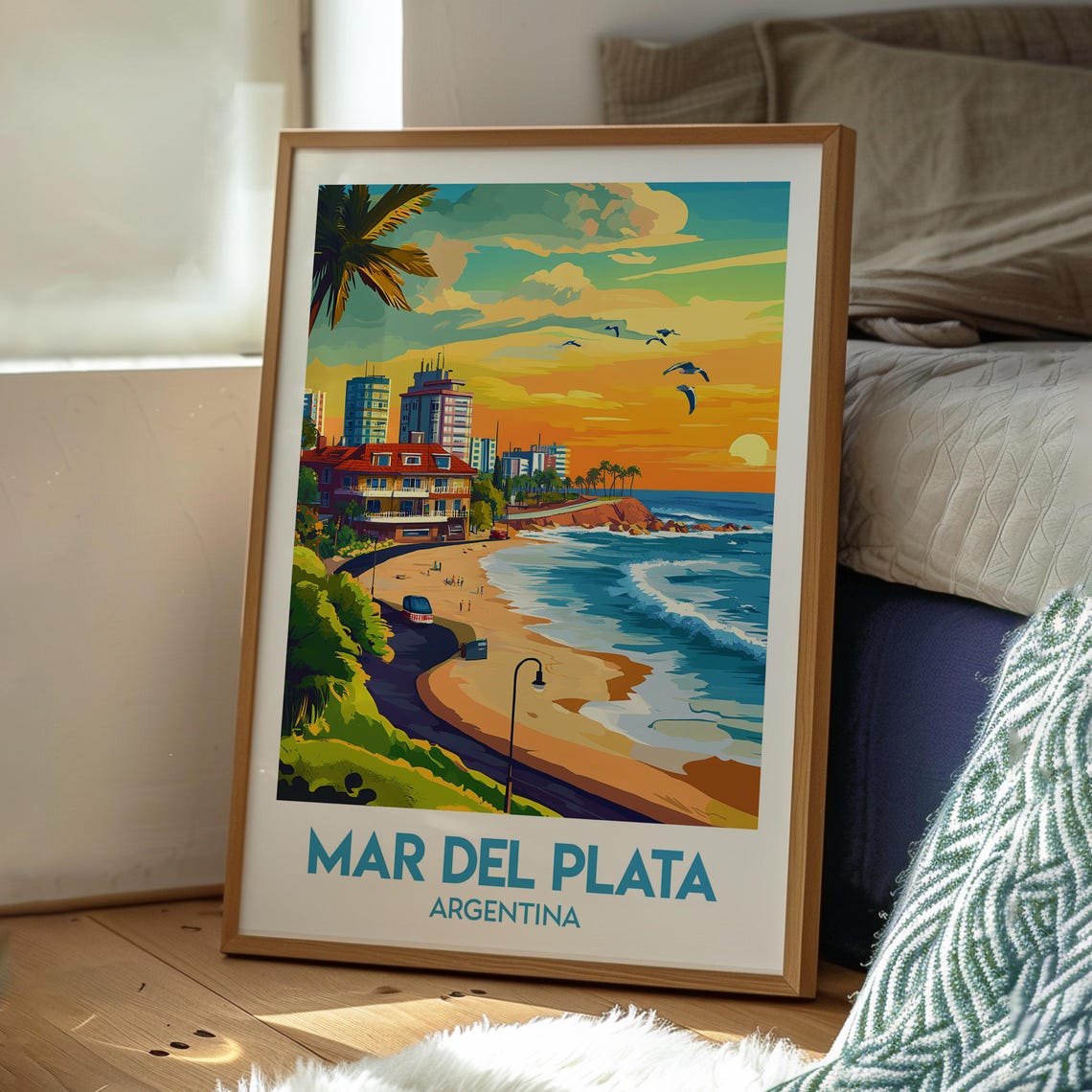 Mar Del Plata Argentina Sunset Beach Retro Illustrated Travel Poster - Image 3