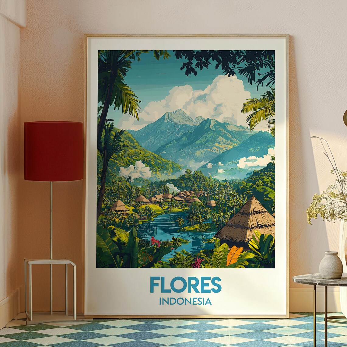 Flores Indonesia Village Lake Volcano Jungle Island Travel Poster - Image 2