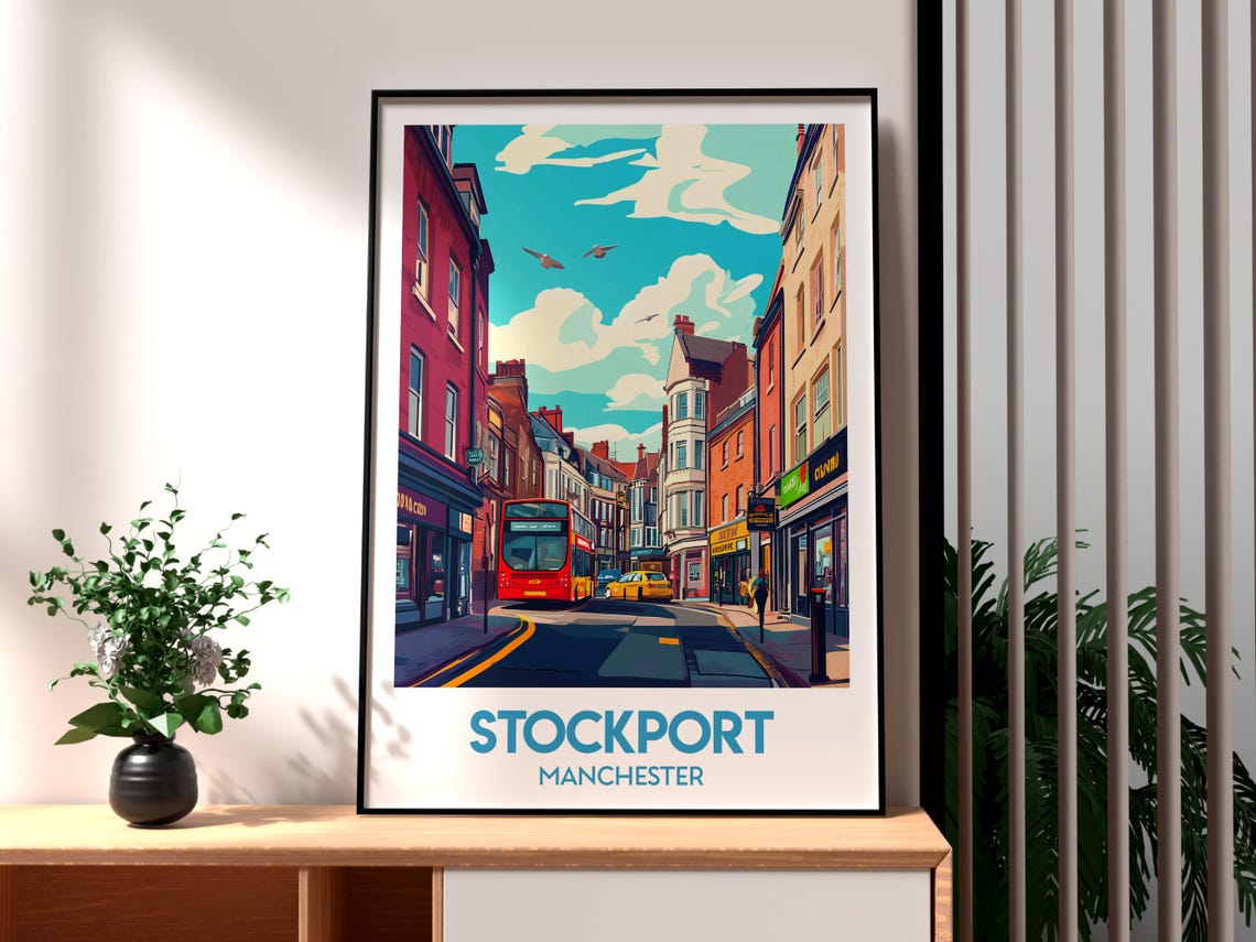 Stockport Manchester Bustling High Street Red Bus Travel Poster