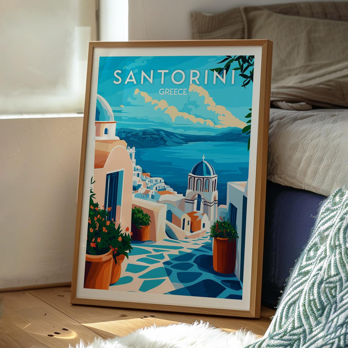 Santorini Greece Blue Dome Church Caldera Sea View Scene Poster - Image 3